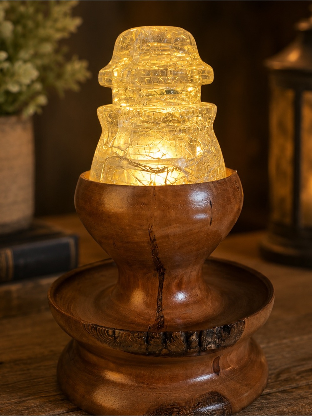 B&W Redneck Fairy Lamp Crackled Glass Insulator Lamp Handcrafted Hardwood Base